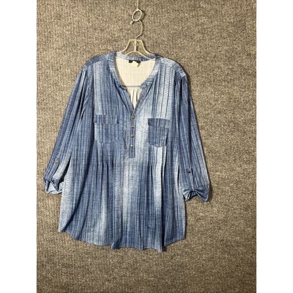 Cocomo Womens Popover Blouse Size 3X Blue Pleated Stretch Comfort Boho Striped - Picture 1 of 7